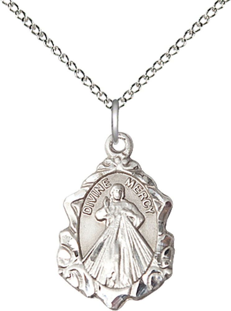 Sterling Silver Divine Mercy Pendant on a 18 inch Sterling Silver Light Curb chain