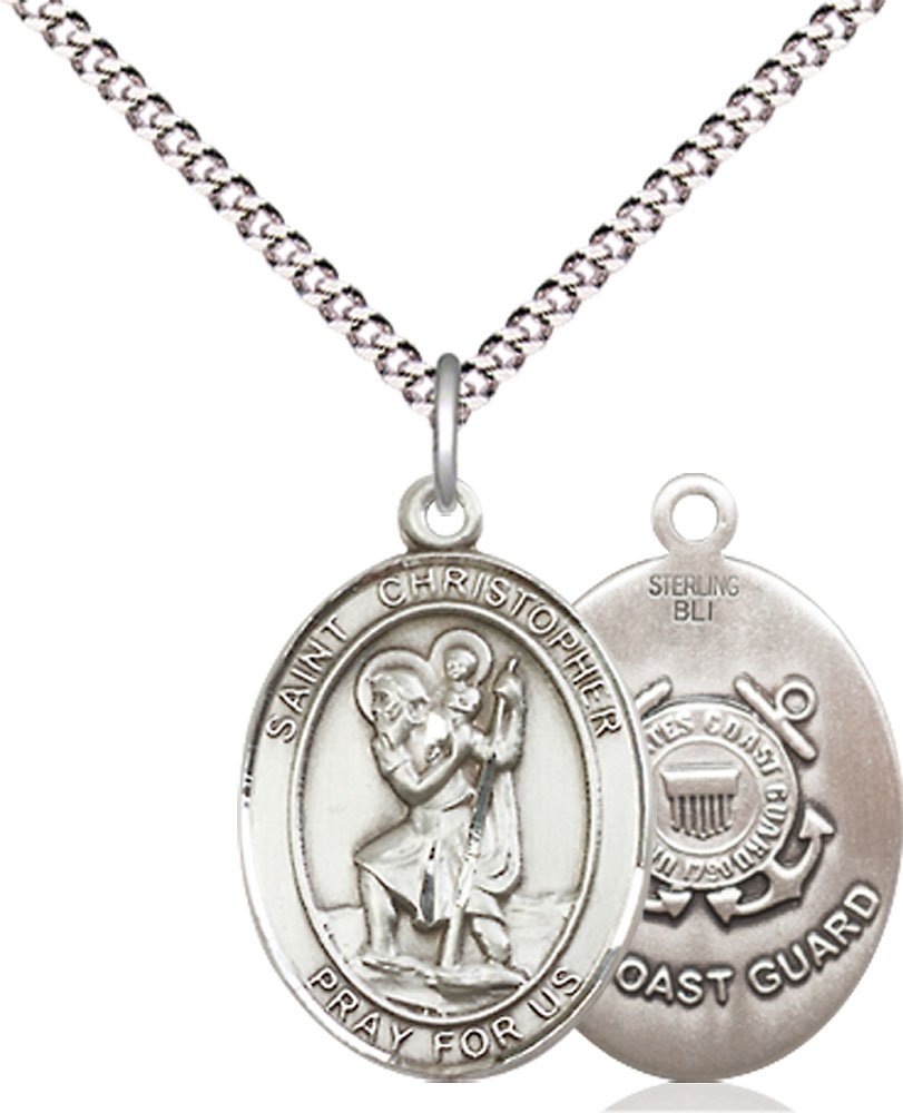 Sterling Silver Saint Christopher Coast Guard Pendant on a 18 inch Light Rhodium Light Curb chain