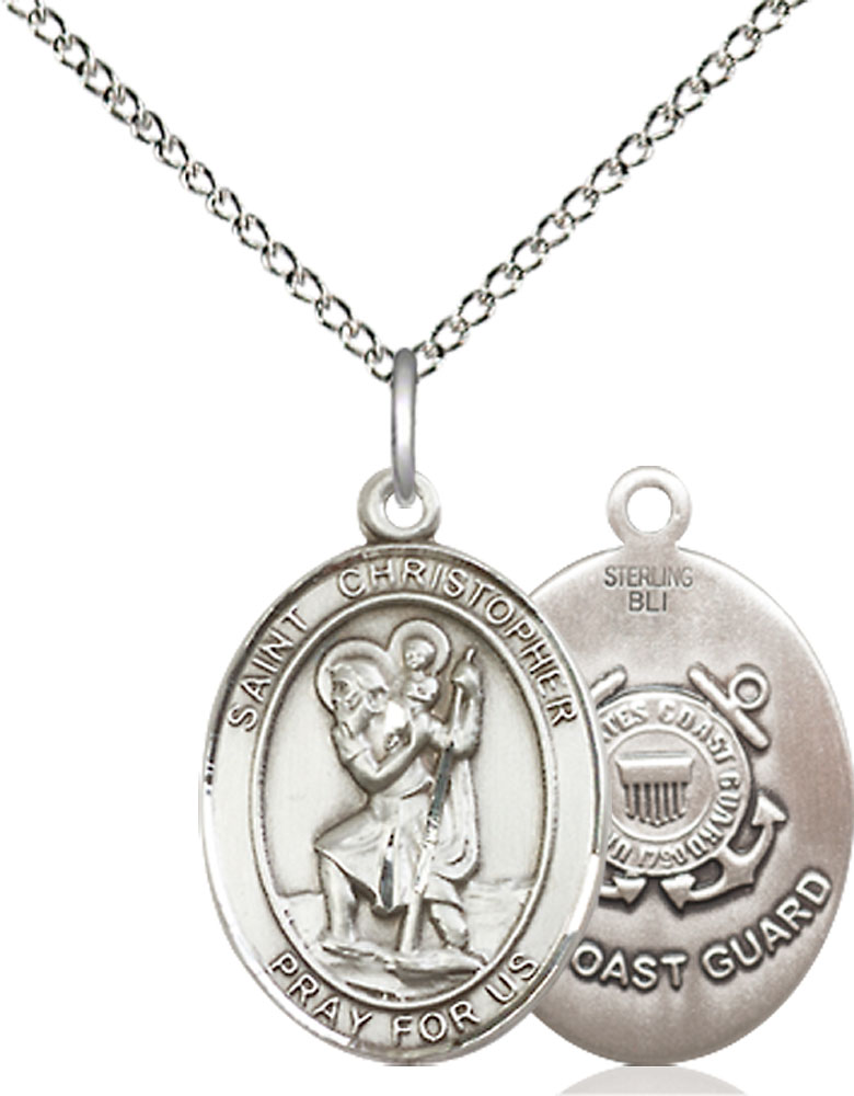 Sterling Silver Saint Christopher Coast Guard Pendant on a 18 inch Sterling Silver Light Curb chain