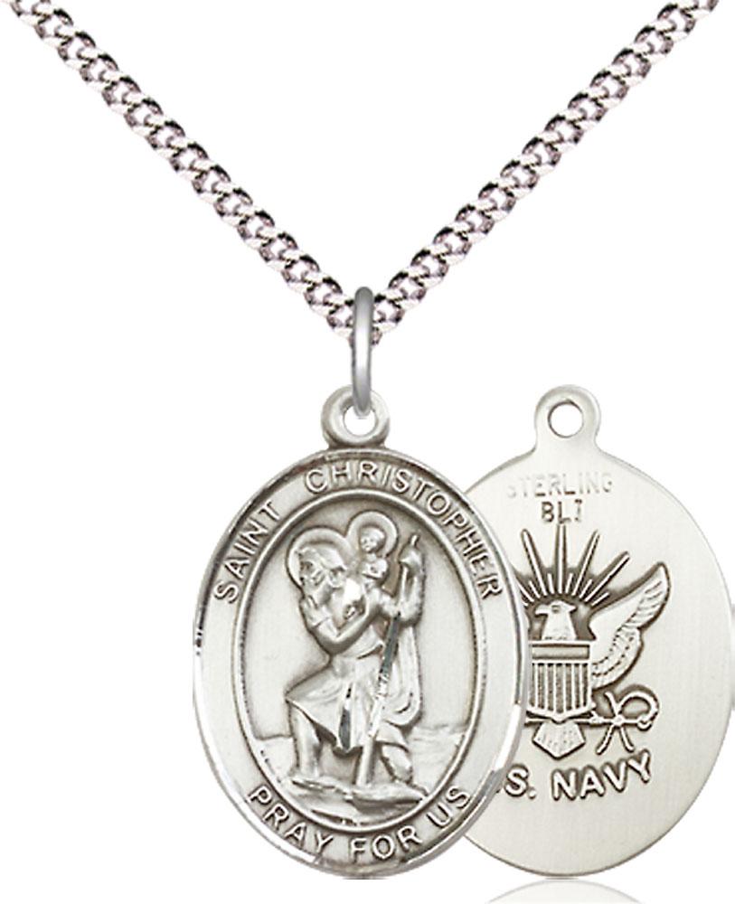 Sterling Silver Saint Christopher Navy Pendant on a 18 inch Light Rhodium Light Curb chain