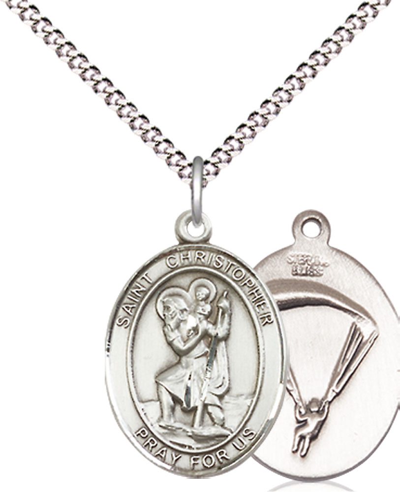 Sterling Silver Saint Christopher Paratrooper Pendant on a 18 inch Light Rhodium Light Curb chain