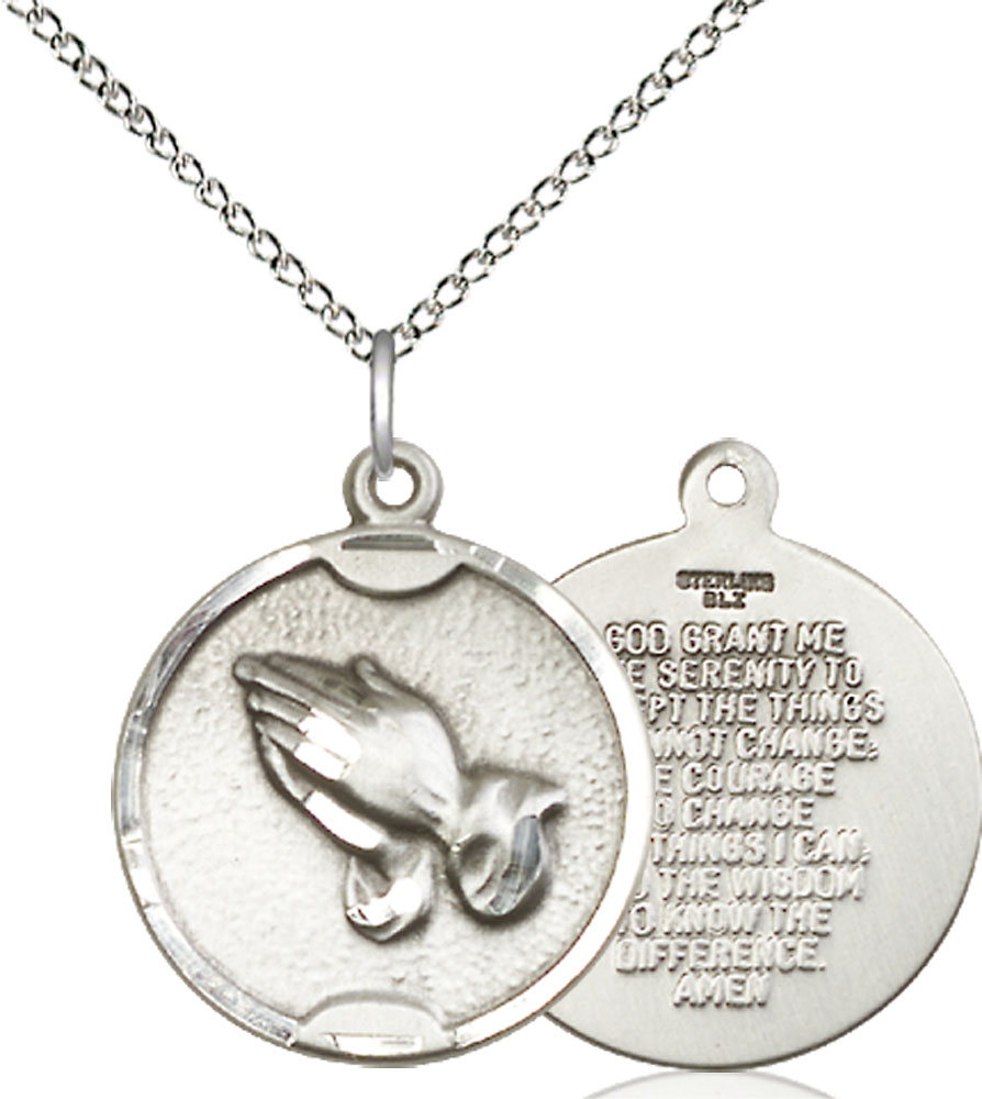 Sterling Silver Praying Hands Pendant on a 18 inch Sterling Silver Light Curb chain