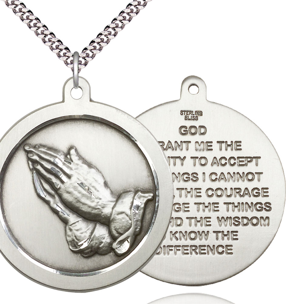 Sterling Silver Praying Hand Pendant on a 24 inch Light Rhodium Heavy Curb chain