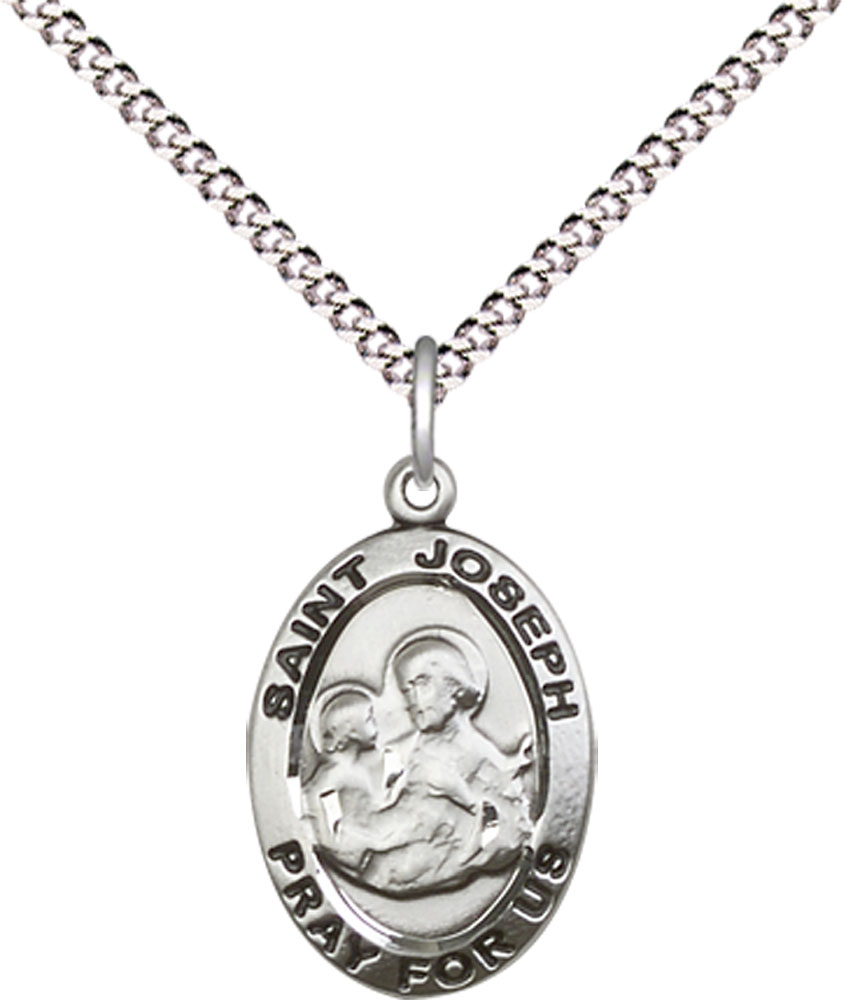 Sterling Silver Saint Joseph Pendant on a 18 inch Light Rhodium Light Curb chain