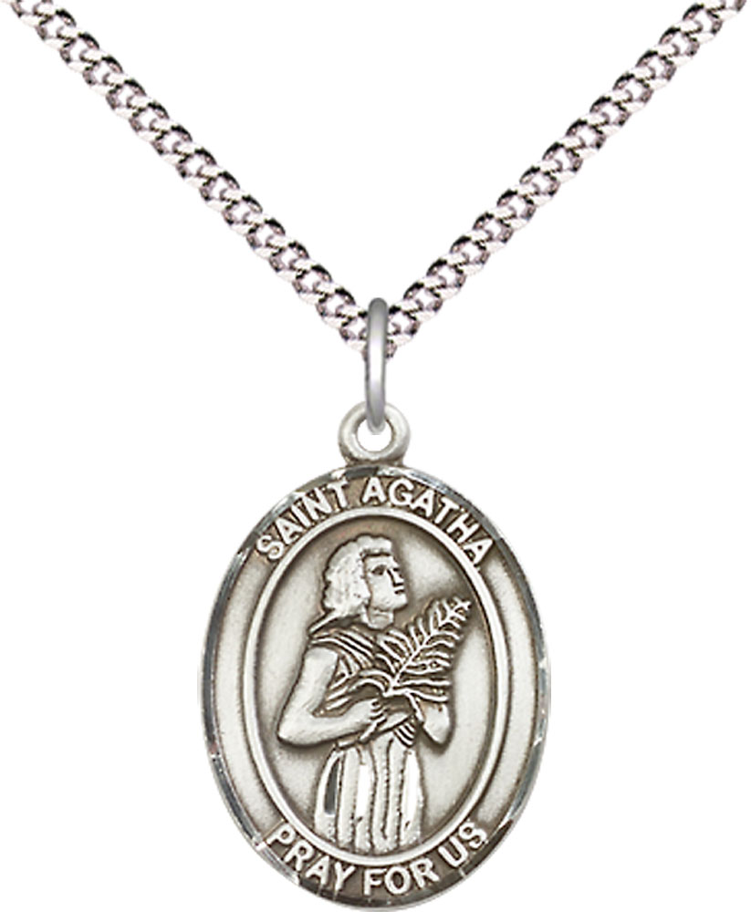 Sterling Silver Saint Agatha Pendant on a 18 inch Light Rhodium Light Curb chain