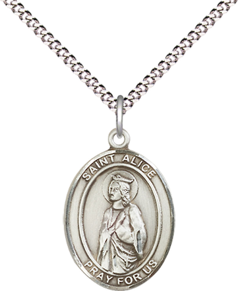 Sterling Silver Saint Alice Pendant on a 18 inch Light Rhodium Light Curb chain