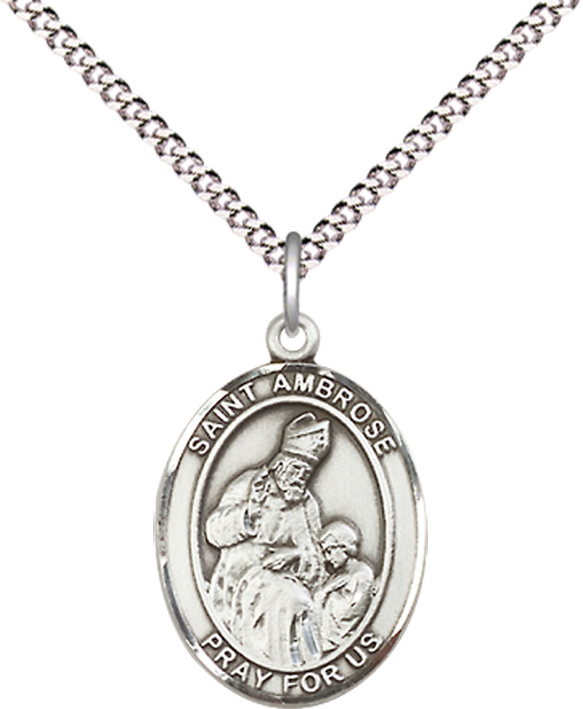 Sterling Silver Saint Ambrose Pendant on a 18 inch Light Rhodium Light Curb chain