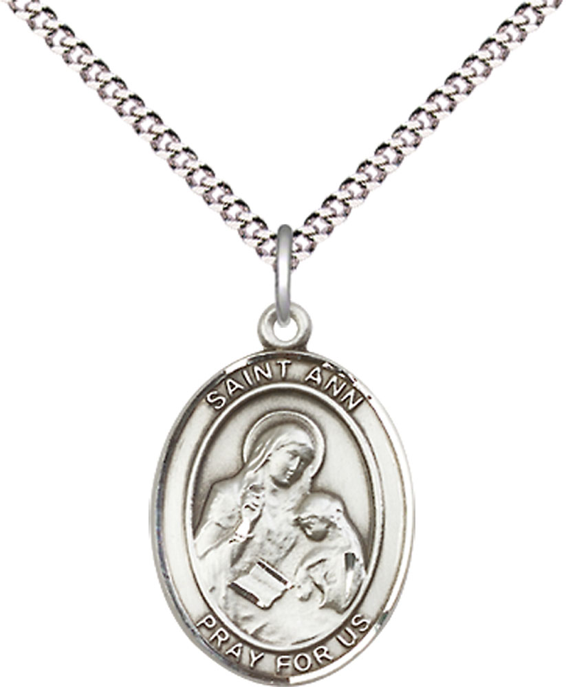 Sterling Silver Saint Ann Pendant on a 18 inch Light Rhodium Light Curb chain