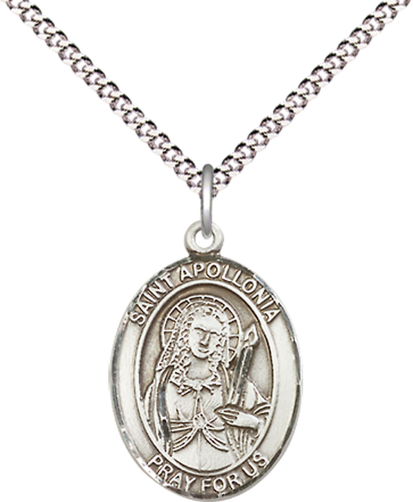 Sterling Silver Saint Apollonia Pendant on a 18 inch Light Rhodium Light Curb chain