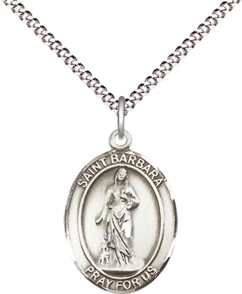 Sterling Silver Saint Barbara Pendant on a 18 inch Light Rhodium Light Curb chain