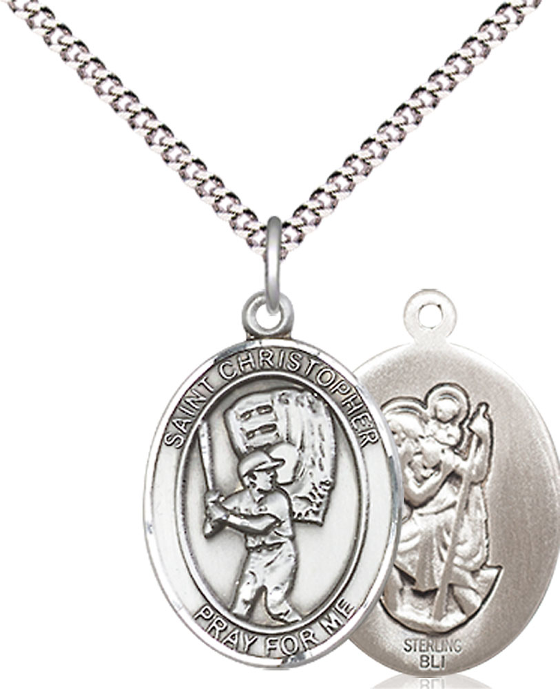 Sterling Silver Saint Christopher Baseball Pendant on a 18 inch Light Rhodium Light Curb chain
