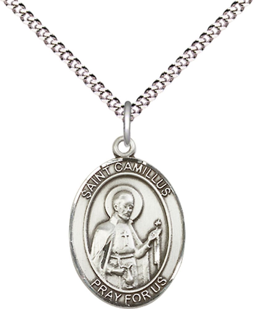 Sterling Silver Saint Camillus of Lellis Pendant on a 18 inch Light Rhodium Light Curb chain