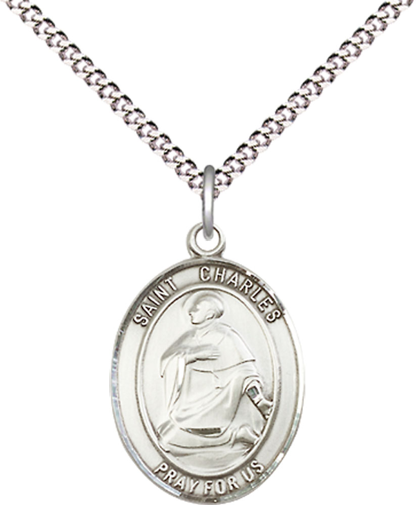 Sterling Silver Saint Charles Borromeo Pendant on a 18 inch Light Rhodium Light Curb chain