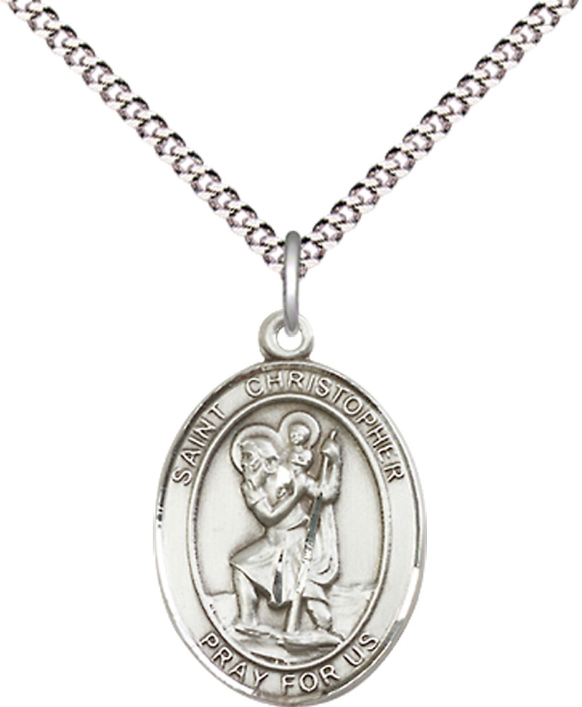 Sterling Silver Saint Christopher Pendant on a 18 inch Light Rhodium Light Curb chain