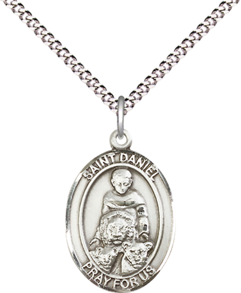 Sterling Silver Saint Daniel Pendant on a 18 inch Light Rhodium Light Curb chain
