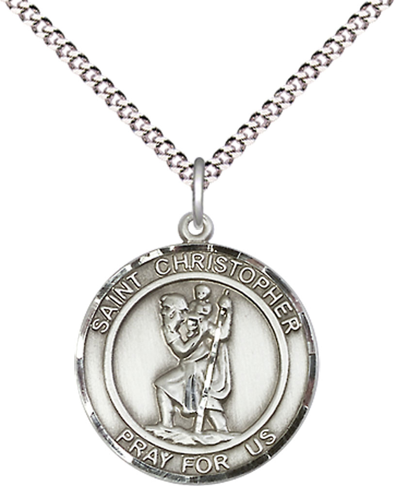 Sterling Silver Saint Christopher Pendant on a 18 inch Light Rhodium Light Curb chain