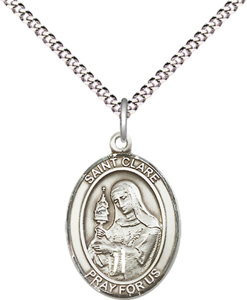 Sterling Silver Saint Clare of Assisi Pendant on a 18 inch Light Rhodium Light Curb chain