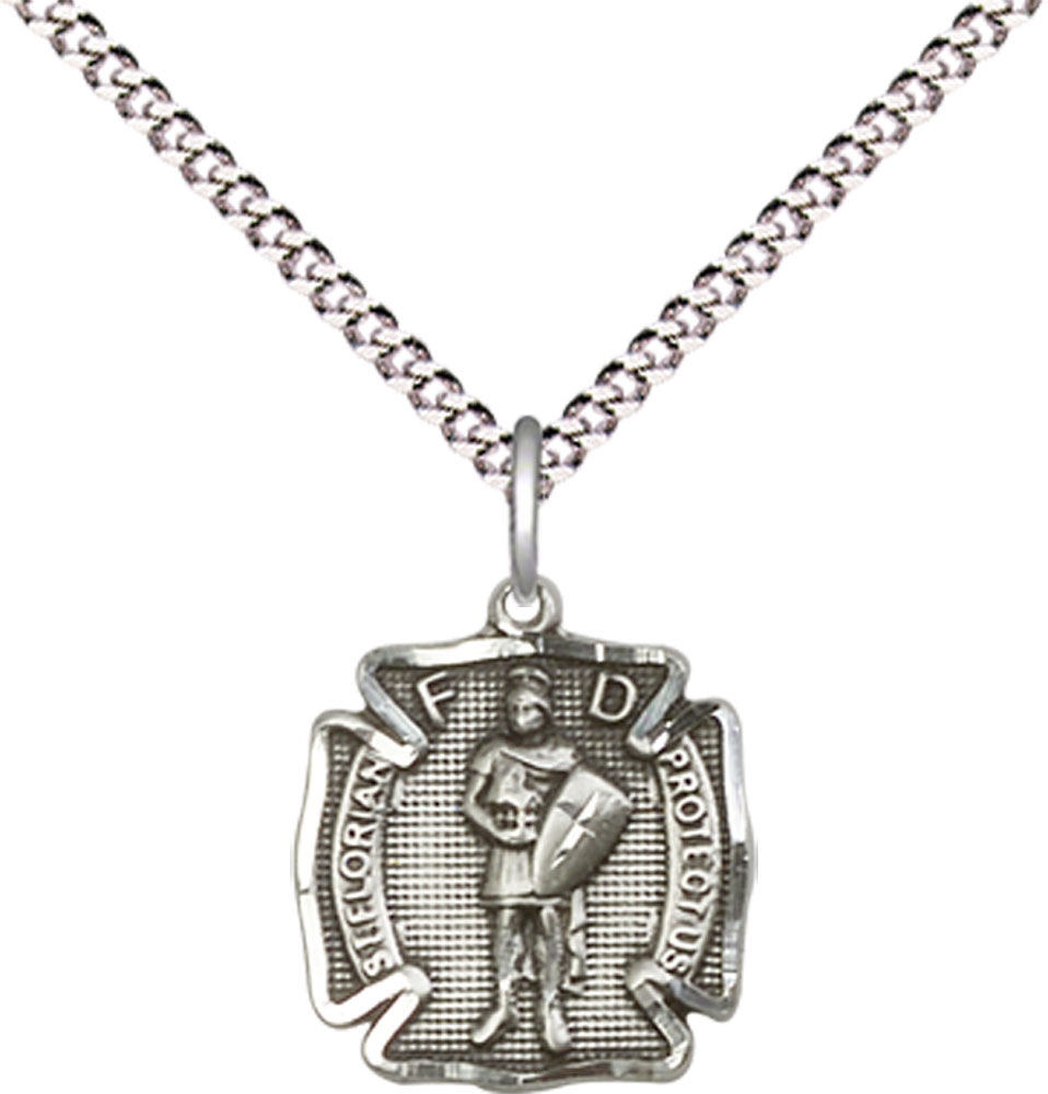 Sterling Silver Saint Florian Pendant on a 18 inch Light Rhodium Light Curb chain