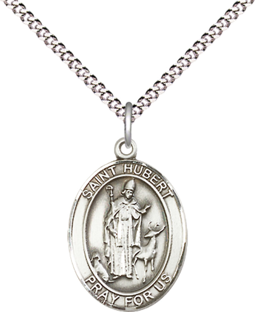 Sterling Silver Saint Hubert of Liege Pendant on a 18 inch Light Rhodium Light Curb chain