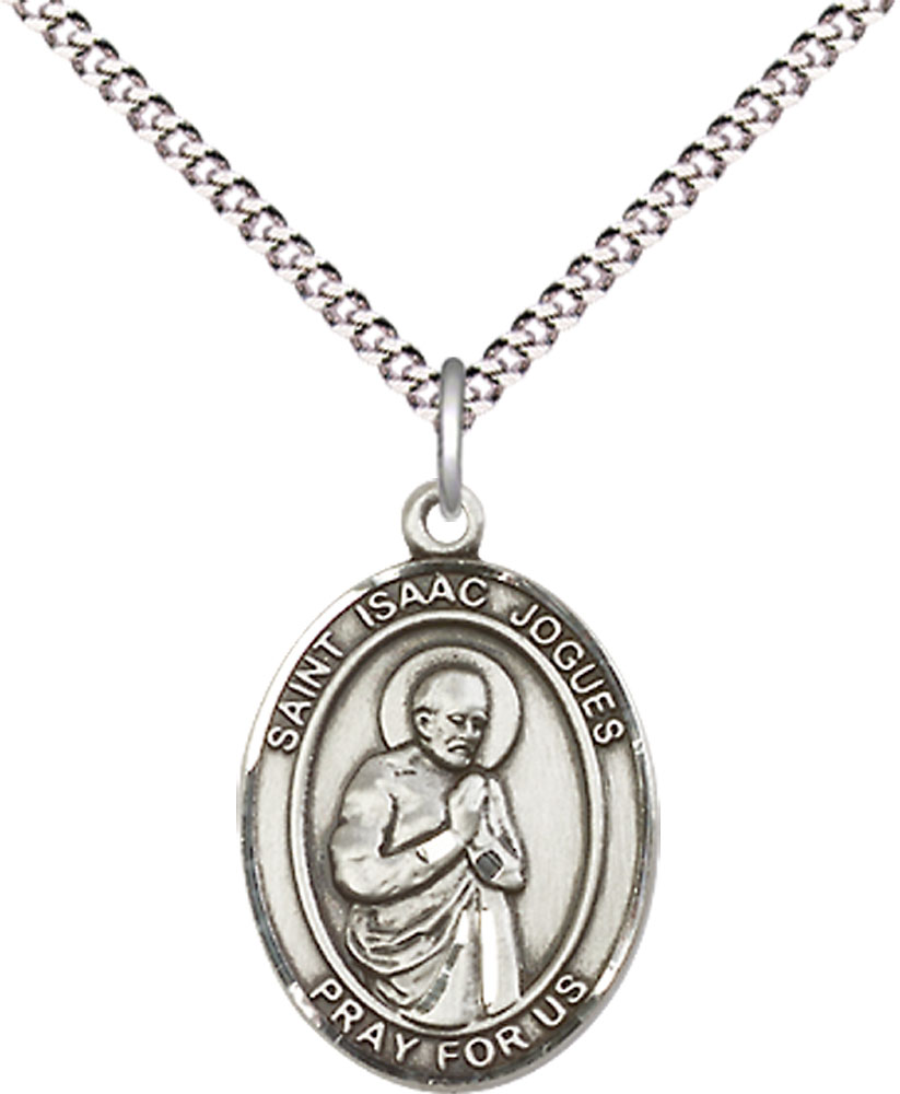 Sterling Silver Saint Isaac Jogues Pendant on a 18 inch Light Rhodium Light Curb chain
