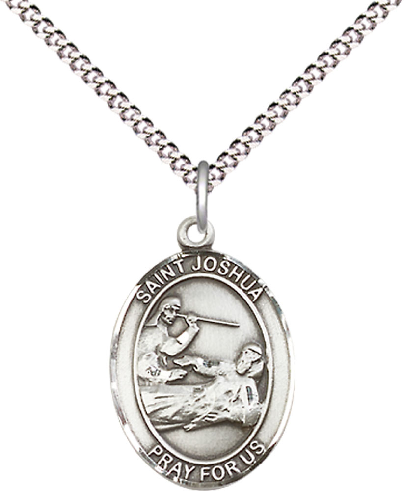 Sterling Silver Saint Joshua Pendant on a 18 inch Light Rhodium Light Curb chain