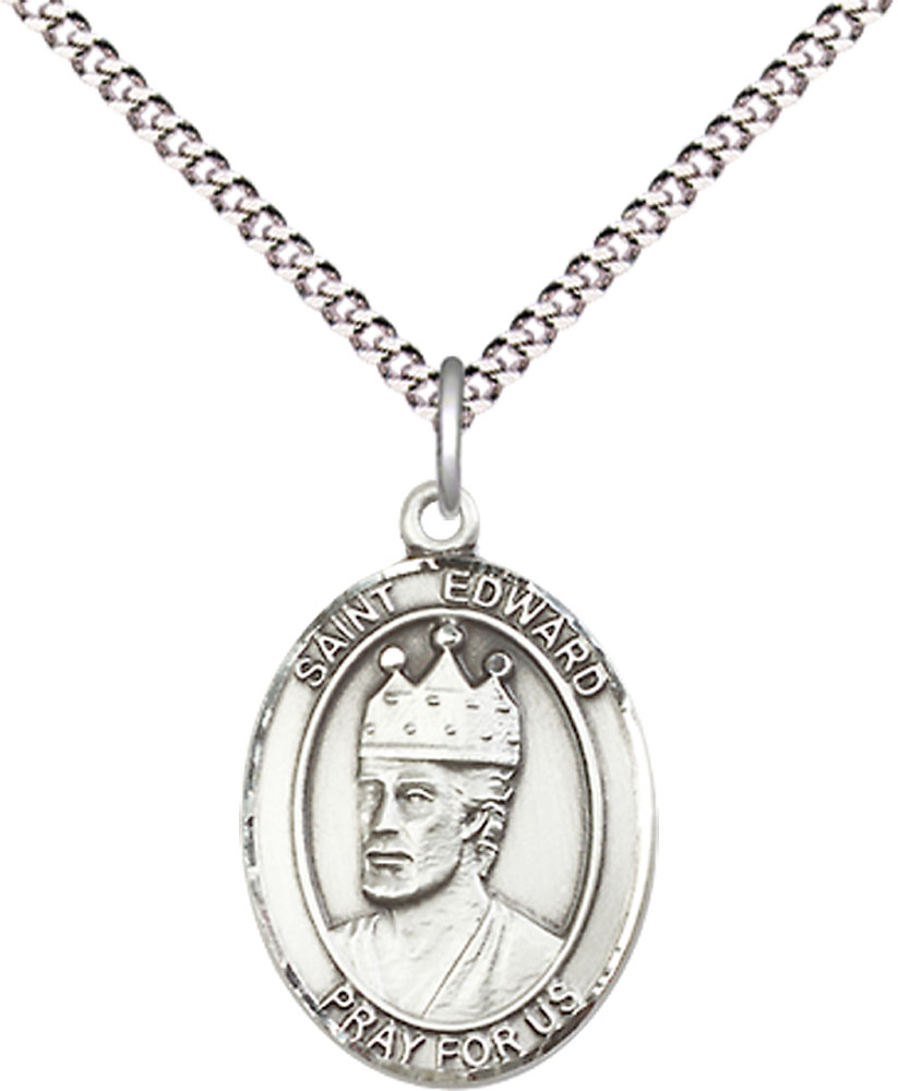 Sterling Silver Saint Edward the Confessor Pendant on a 18 inch Light Rhodium Light Curb chain