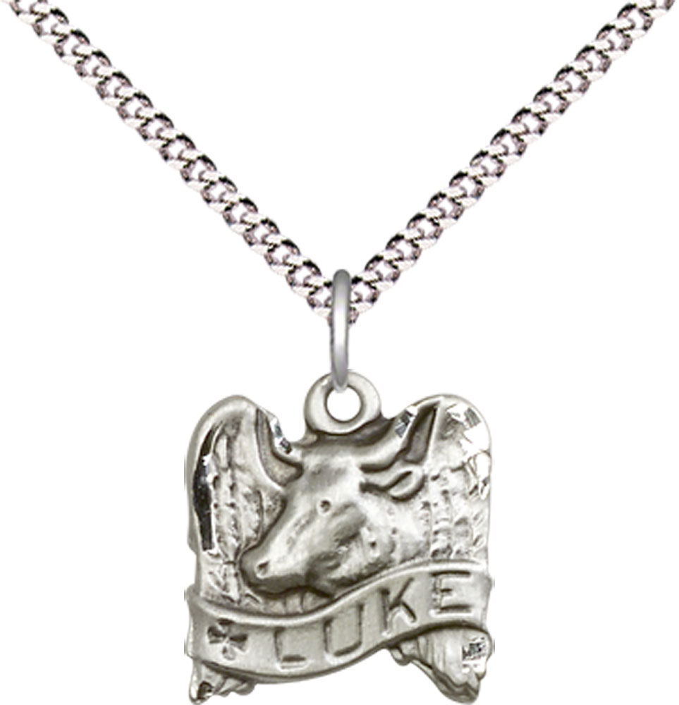 Sterling Silver Saint Luke Pendant on a 18 inch Light Rhodium Light Curb chain