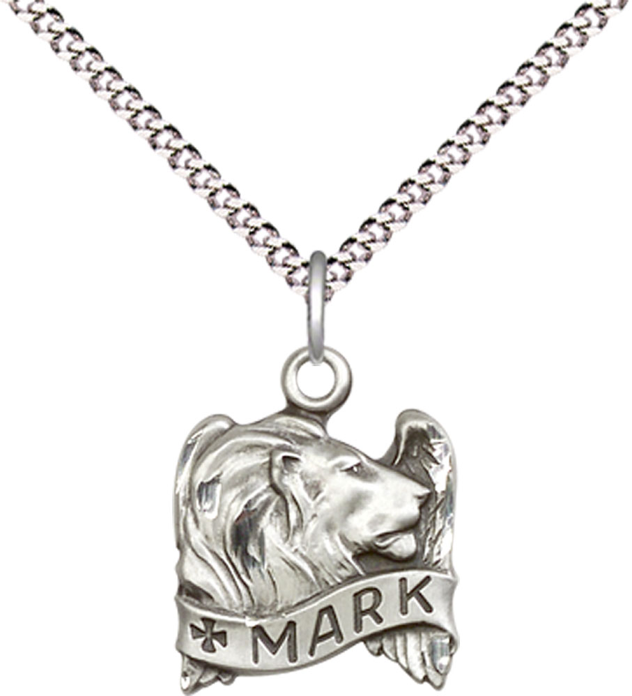 Sterling Silver Saint Mark the Evangelist Pendant on a 18 inch Light Rhodium Light Curb chain