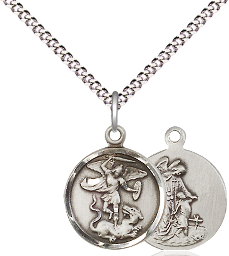 Sterling Silver Saint Michael the Archangel Pendant on a 18 inch Light Rhodium Light Curb chain