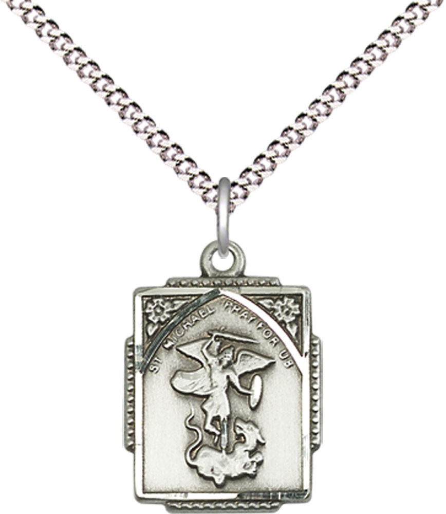Sterling Silver Saint Michael the Archangel Pendant on a 18 inch Light Rhodium Light Curb chain
