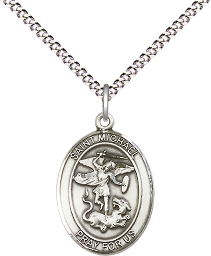 Sterling Silver Saint Michael the Archangel Pendant on a 18 inch Light Rhodium Light Curb chain