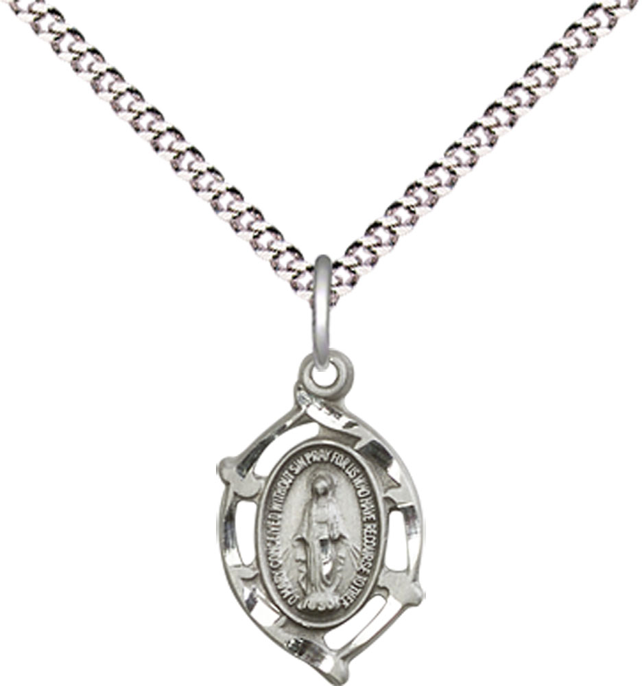 Sterling Silver Miraculous Pendant on a 18 inch Light Rhodium Light Curb chain