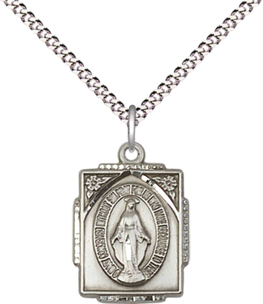 Sterling Silver Miraculous Pendant on a 18 inch Light Rhodium Light Curb chain