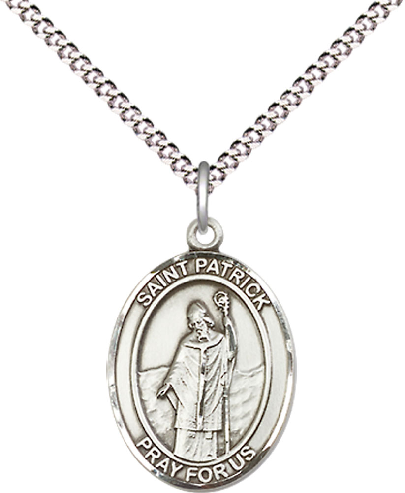 Sterling Silver Saint Patrick Pendant on a 18 inch Light Rhodium Light Curb chain