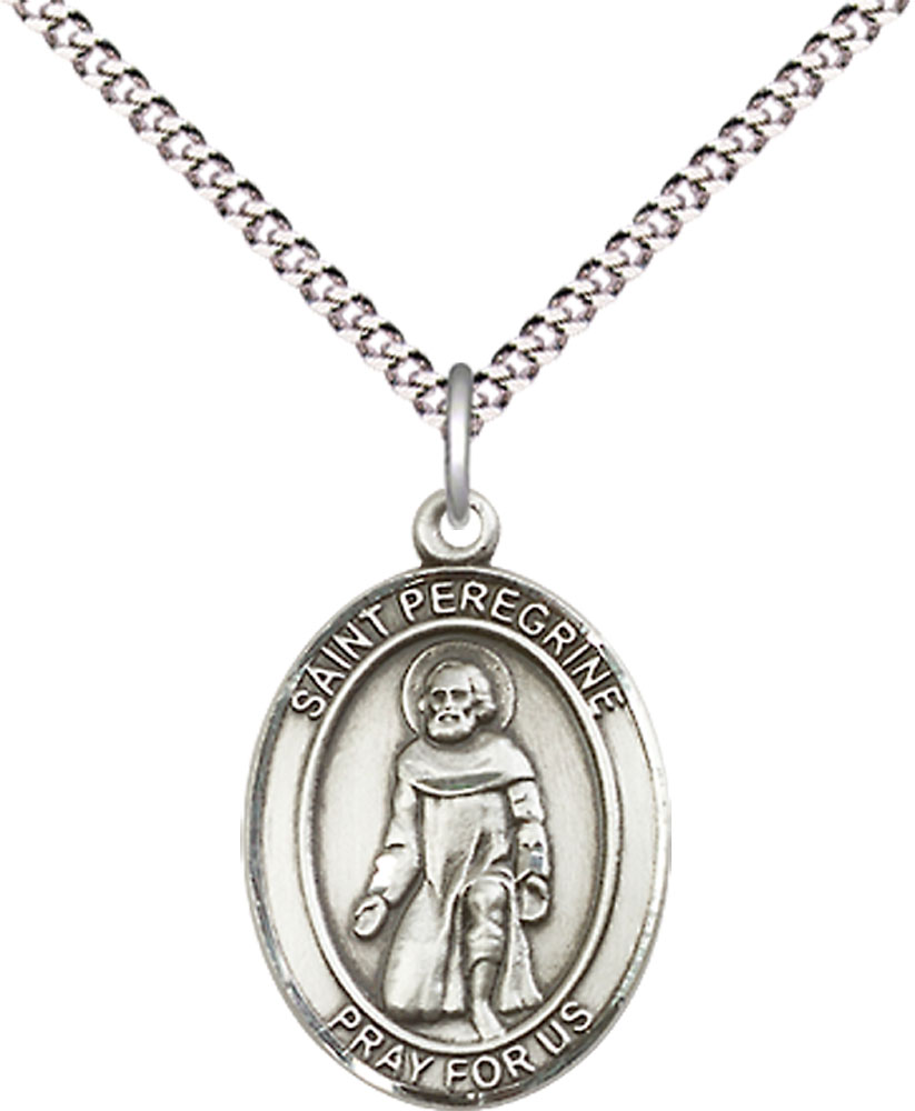 Sterling Silver Saint Peregrine Laziosi Pendant on a 18 inch Light Rhodium Light Curb chain