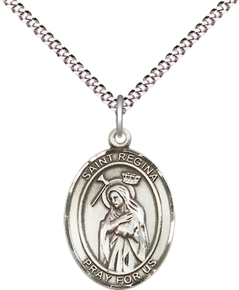 Sterling Silver Saint Regina Pendant on a 18 inch Light Rhodium Light Curb chain