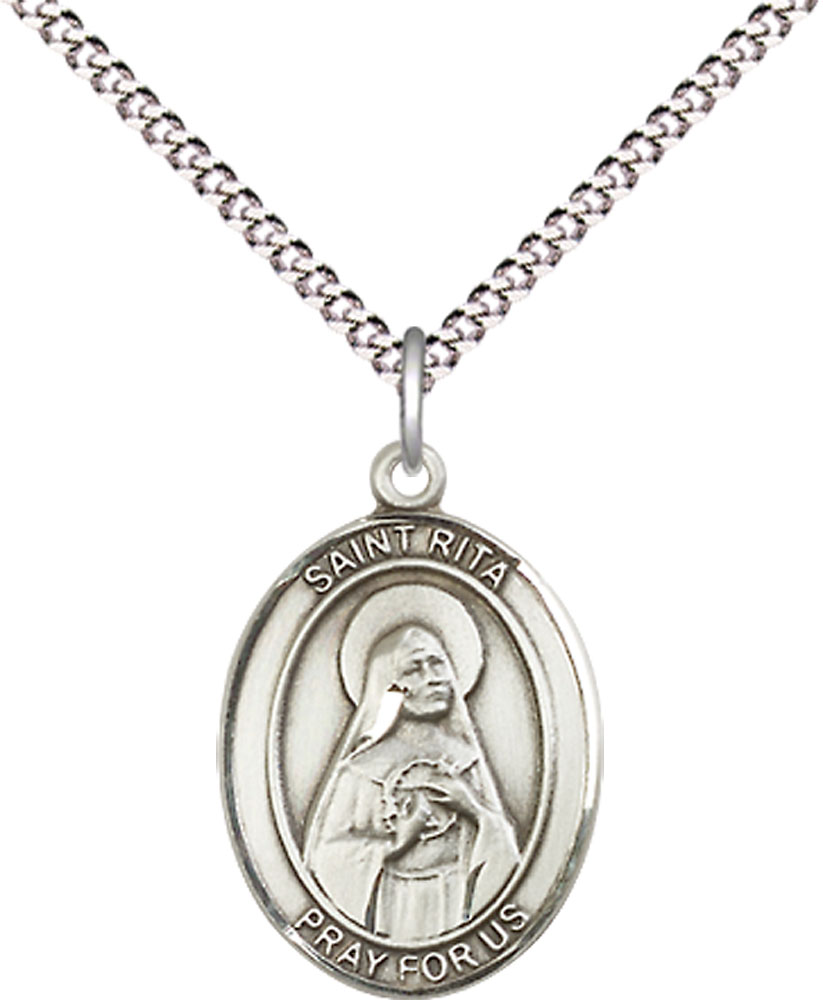 Sterling Silver Saint Rita of Cascia Pendant on a 18 inch Light Rhodium Light Curb chain