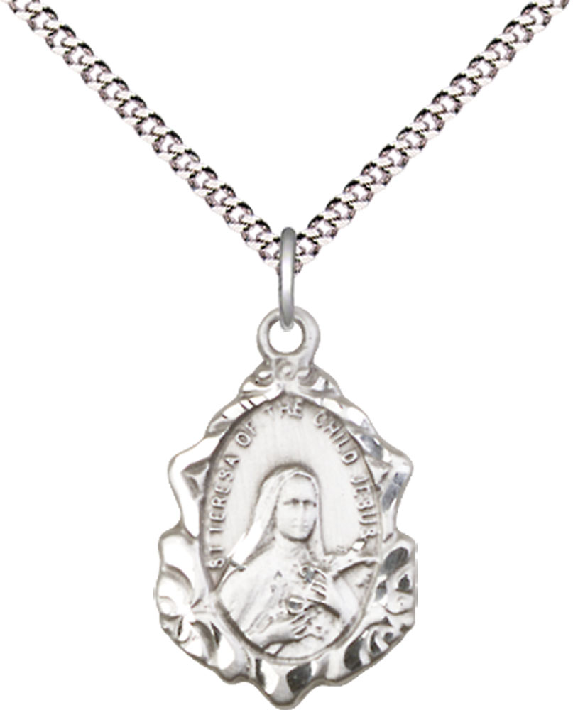 Sterling Silver Saint Theresa Pendant on a 18 inch Light Rhodium Light Curb chain