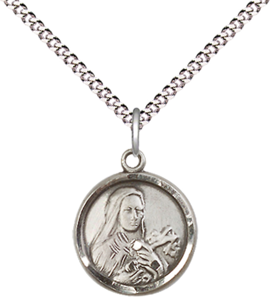 Sterling Silver Saint Theresa Pendant on a 18 inch Light Rhodium Light Curb chain