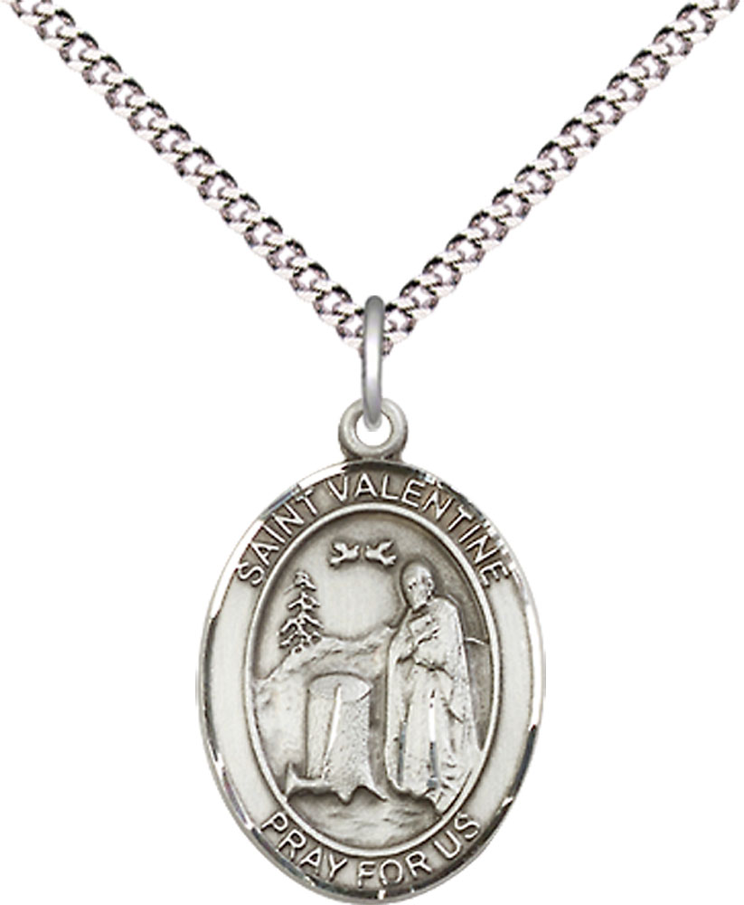 Sterling Silver Saint Valentine of Rome Pendant on a 18 inch Light Rhodium Light Curb chain