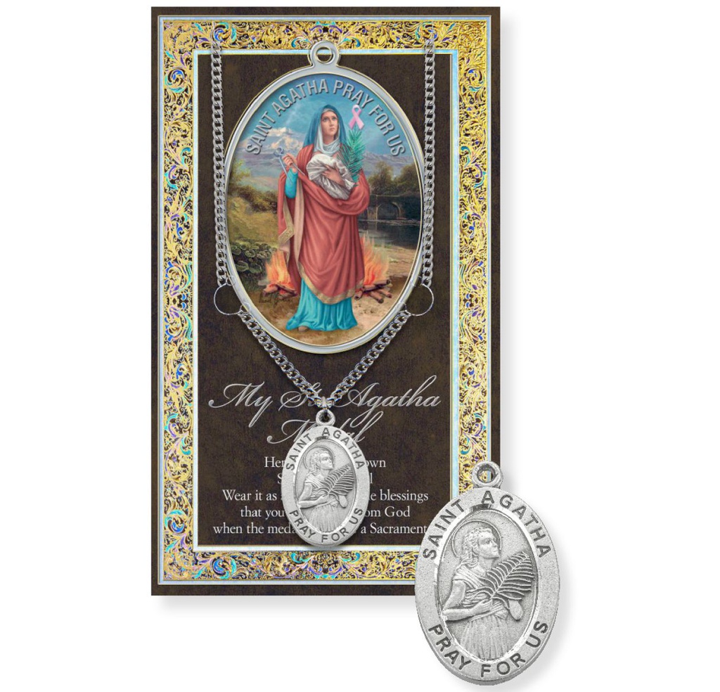 St. Agatha Picture Genuine Pewter Medal on a 24&quot; Chain with Biography and Picture Folder