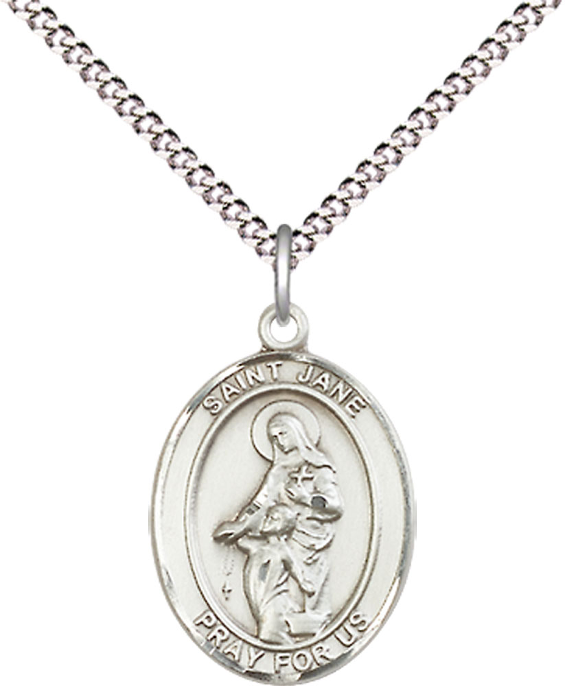 Sterling Silver Saint Jane of Valois Pendant on a 18 inch Light Rhodium Light Curb chain