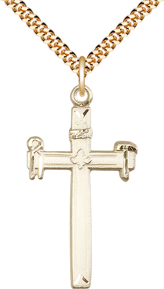 14kt Gold Filled Carpenter Cross Pendant on a 24 inch Gold Plate Heavy Curb chain