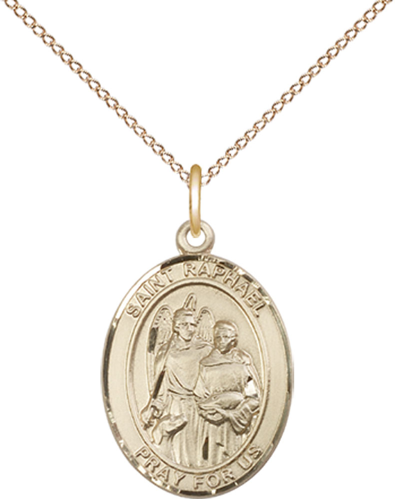 14kt Gold Filled Saint Raphael the Archangel Pendant on a 18 inch Gold Filled Light Curb chain