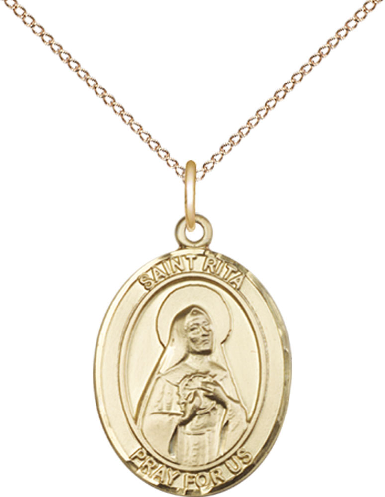 14kt Gold Filled Saint Rita of Cascia Pendant on a 18 inch Gold Filled Light Curb chain