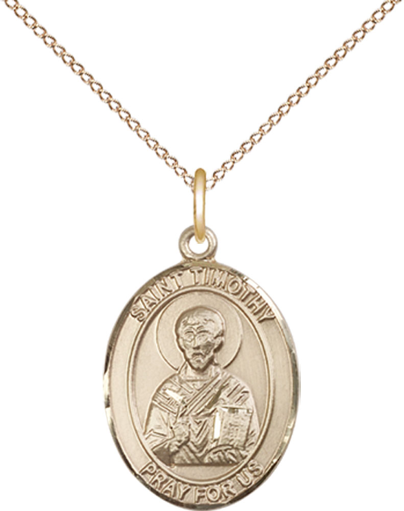 14kt Gold Filled Saint Timothy Pendant on a 18 inch Gold Filled Light Curb chain