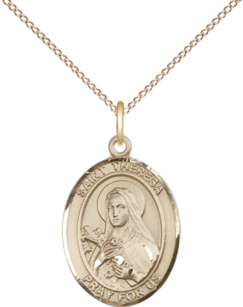 14kt Gold Filled Saint Theresa Pendant on a 18 inch Gold Filled Light Curb chain