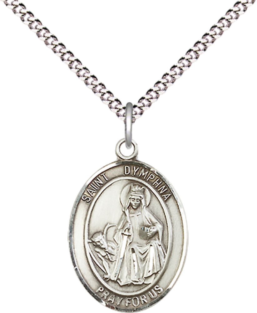 Sterling Silver Saint Dymphna Pendant on a 18 inch Light Rhodium Light Curb chain