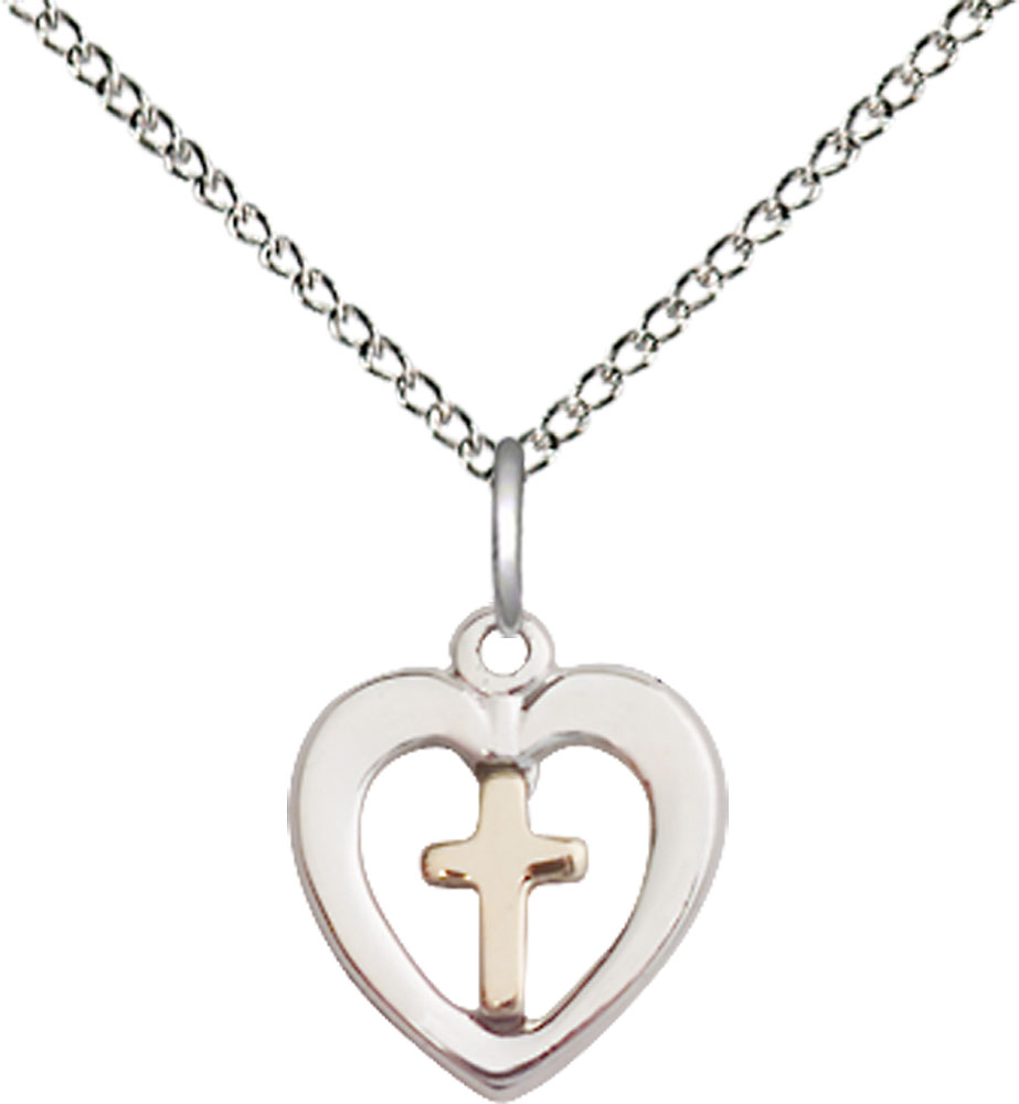 Two-Tone GF/SS Heart Cross Pendant on a 18 inch Sterling Silver Light Curb chain