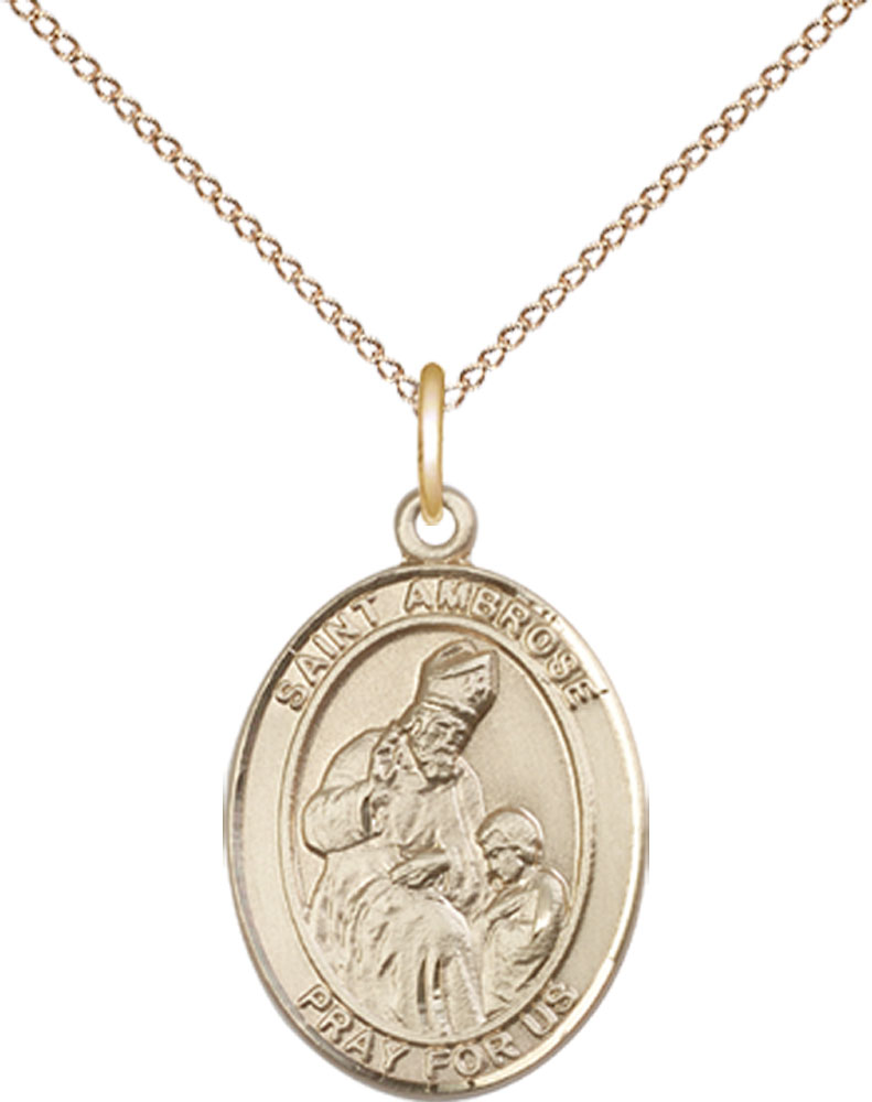 14kt Gold Filled Saint Ambrose Pendant on a 18 inch Gold Filled Light Curb chain